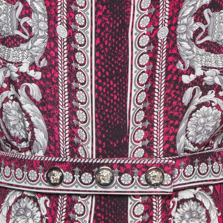 Pre Owned Versace Pink Snake & Baroque Print Silk Belted Sheath Dress M