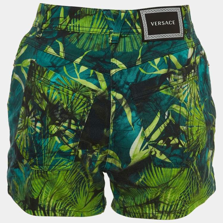 Pre Owned Versace Green Jungle Print Cotton Denim Shorts S
