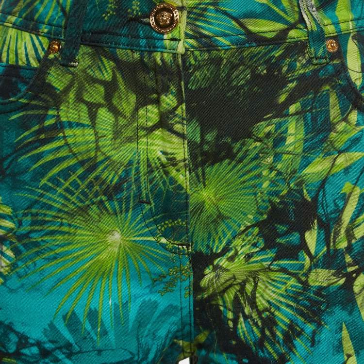 Pre Owned Versace Green Jungle Print Cotton Denim Shorts S