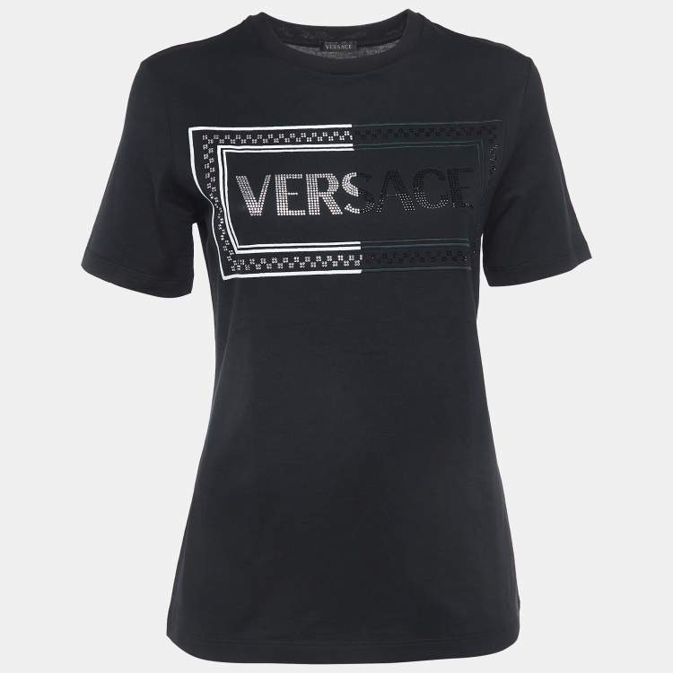 Pre Owned Versace Black Embellished Logo Cotton Jersey T-Shirt XS