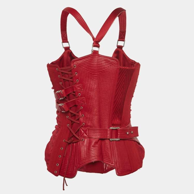 Pre Owned Versace Red Leather and Silk Bondage Corset Top M