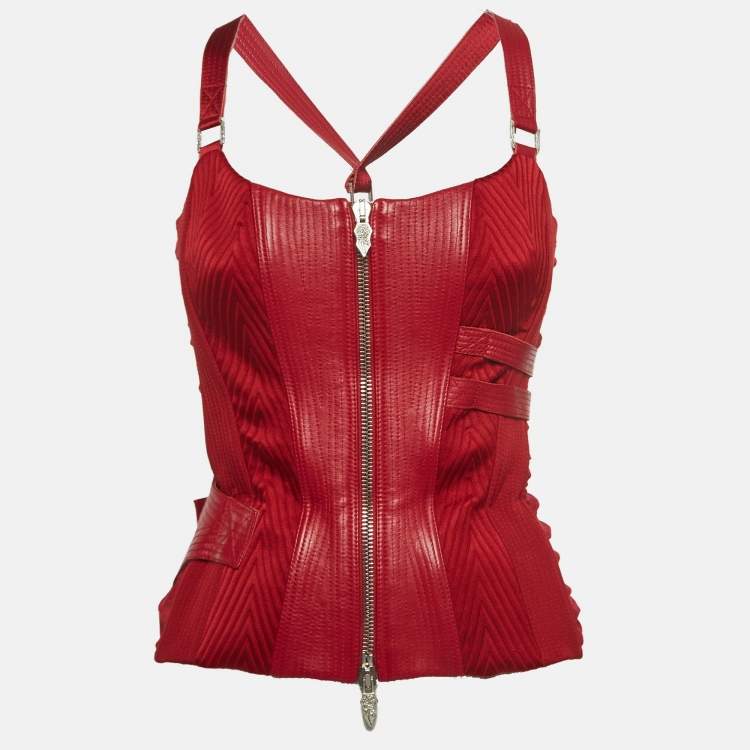 Pre Owned Versace Red Leather and Silk Bondage Corset Top M