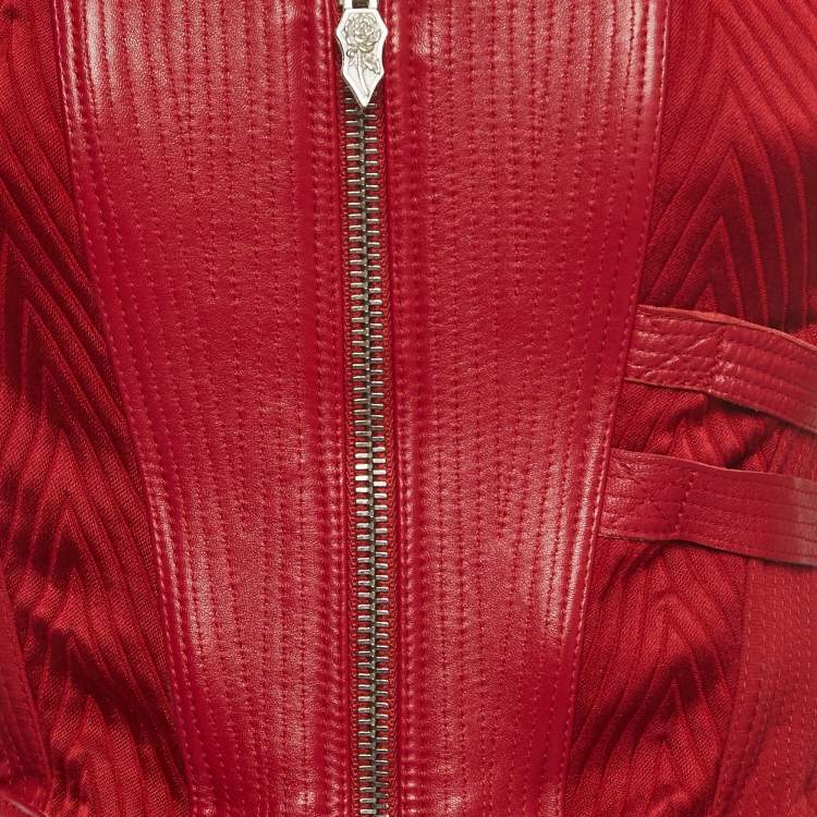 Pre Owned Versace Red Leather and Silk Bondage Corset Top M