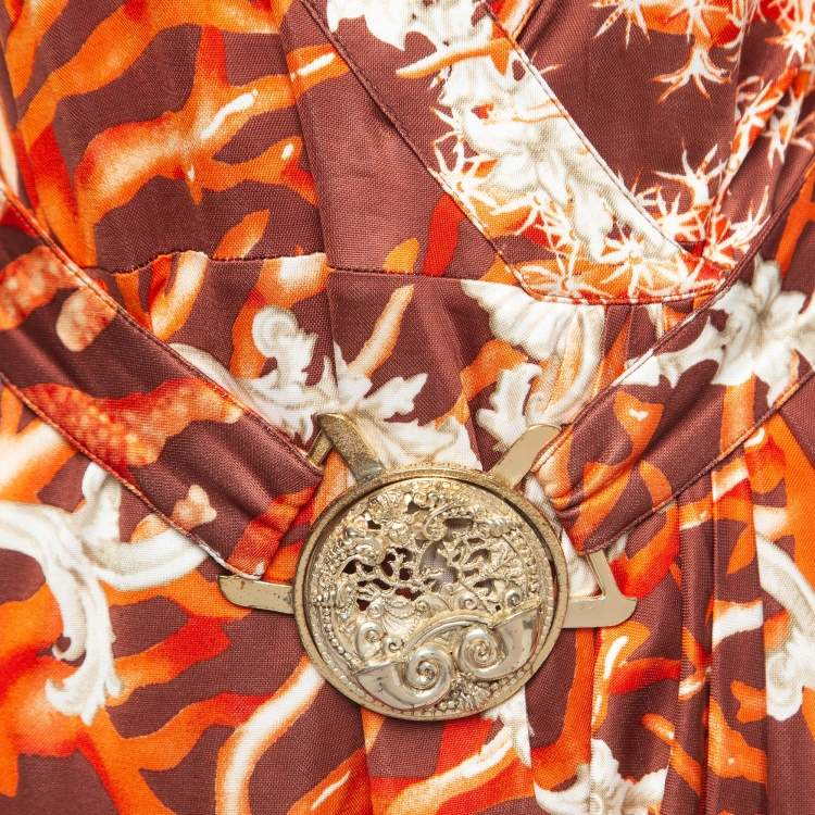 Pre Owned Versace Vintage Brown Shell Print Jersey Belted Draped Dress M