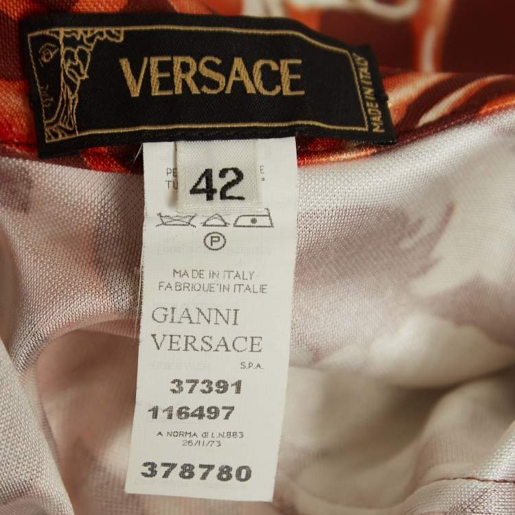 Pre Owned Versace Vintage Brown Shell Print Jersey Belted Draped Dress M