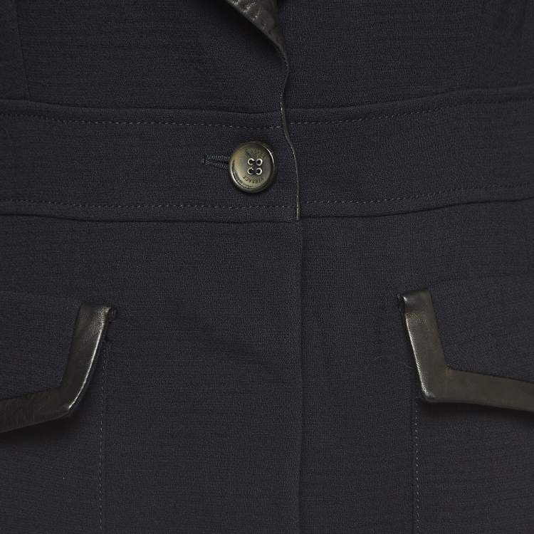 Pre Owned Versace Navy Blue Leather Trimmed Wool Single Breasted Blazer M