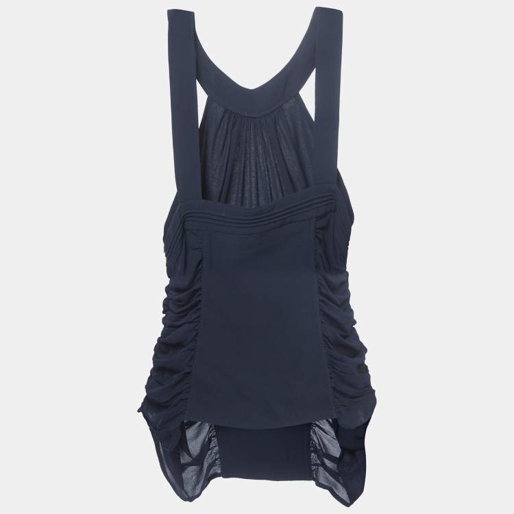 Pre Owned Versace Navy Blue Silk Ruched Strappy Top L