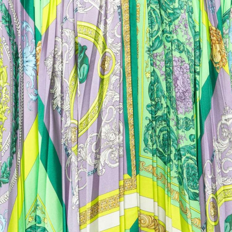 Pre Owned Versace Green Baroque Mosaic Print Satin Pleated Skirt M