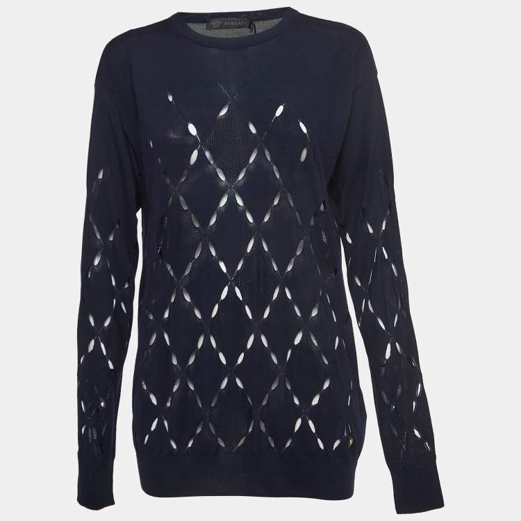 Pre Owned Versace Black Navy Blue Cut-Out Knit Crew Neck Sweatshirt XL