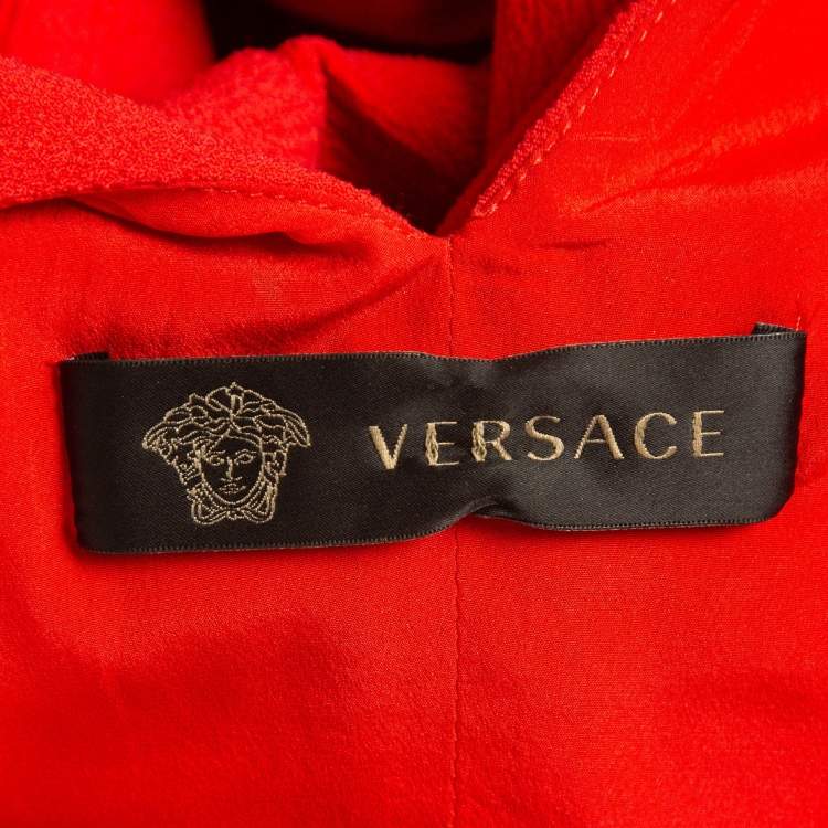 Pre Owned Versace Red Crinkle Wool Blend V-Neck Sheath Dress S