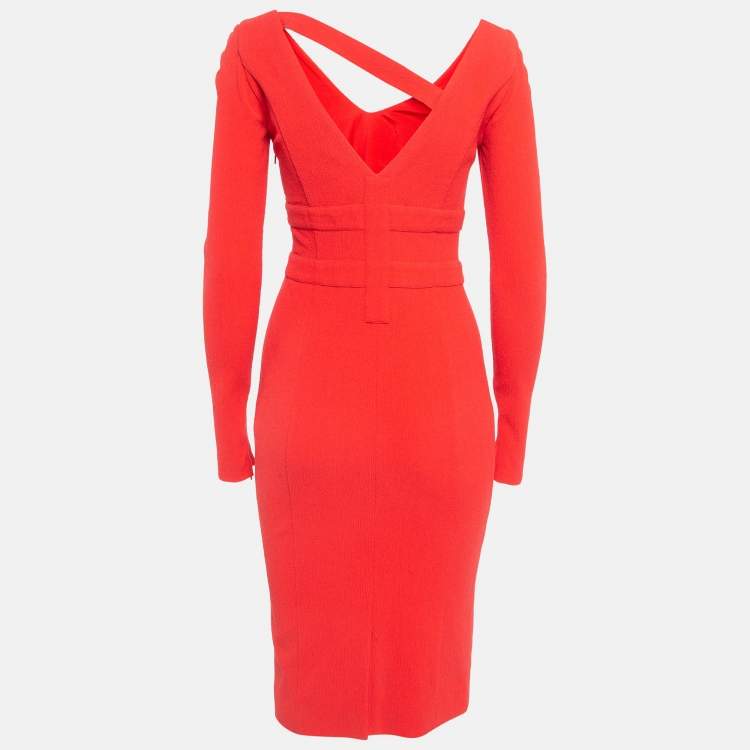 Pre Owned Versace Red Crinkle Wool Blend V-Neck Sheath Dress S