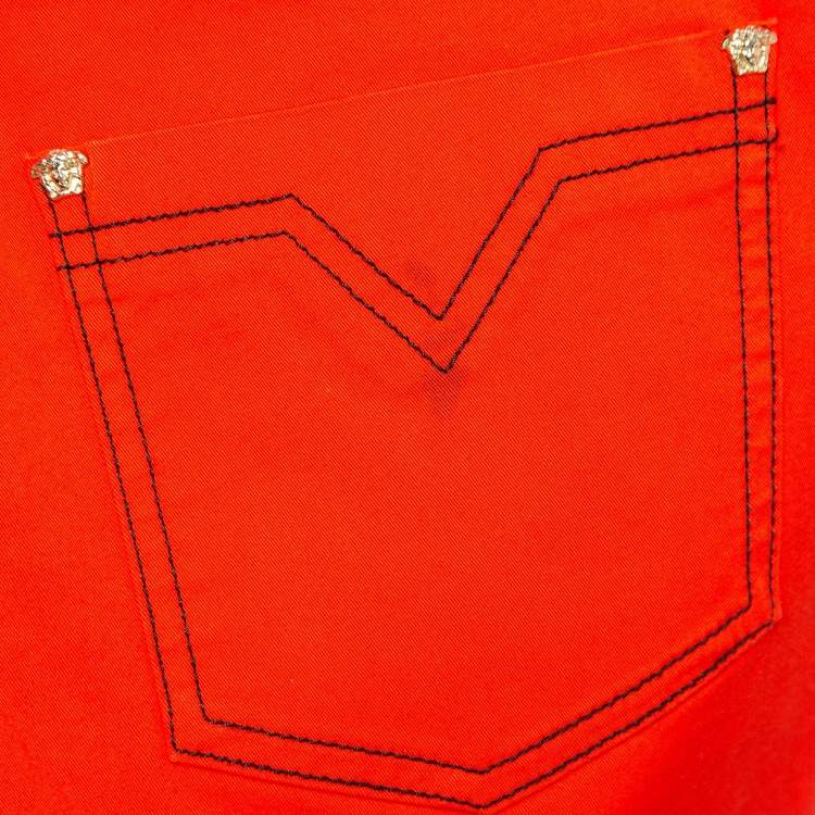 Pre Owned Versace Orange Contrast Stitch Cotton Metallic Logo Detail Trousers M