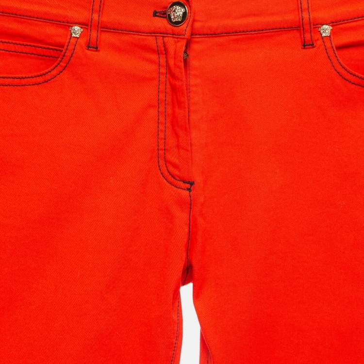 Pre Owned Versace Orange Contrast Stitch Cotton Metallic Logo Detail Trousers M