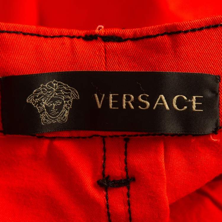 Pre Owned Versace Orange Contrast Stitch Cotton Metallic Logo Detail Trousers M