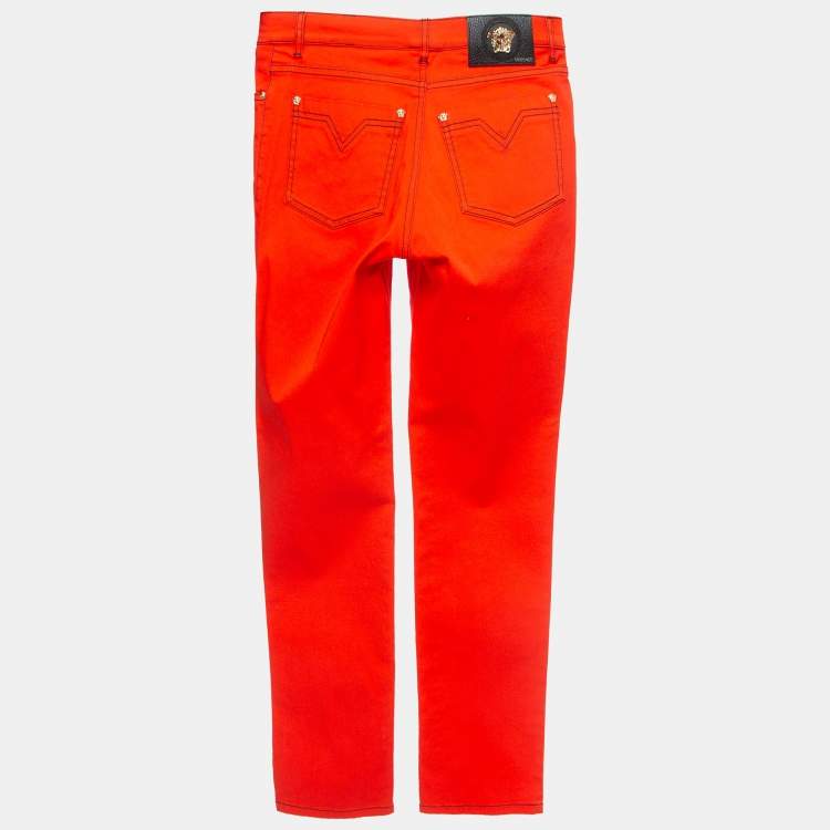 Pre Owned Versace Orange Contrast Stitch Cotton Metallic Logo Detail Trousers M
