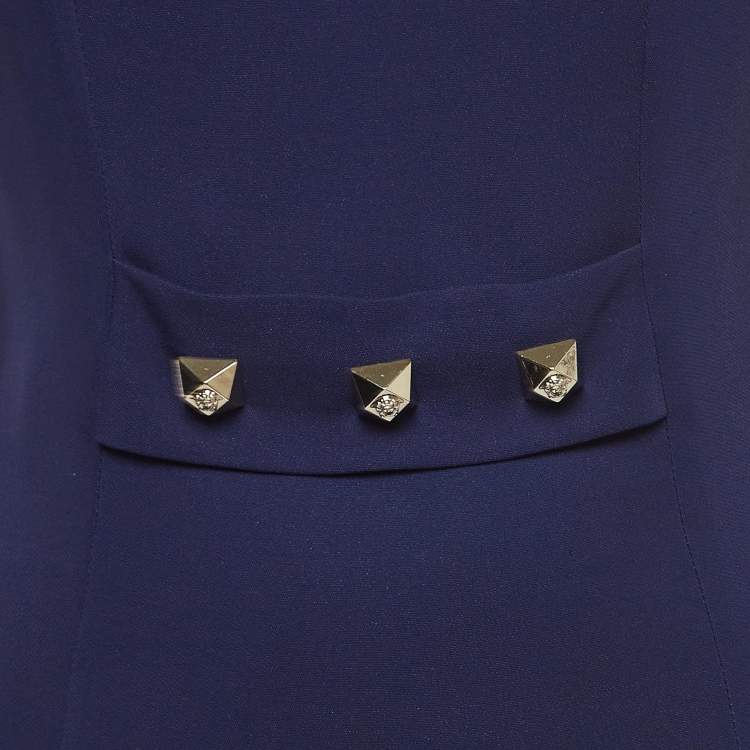 Pre Owned Versace Blue Metal Logo Embellishment Crepe Sheath Dress M