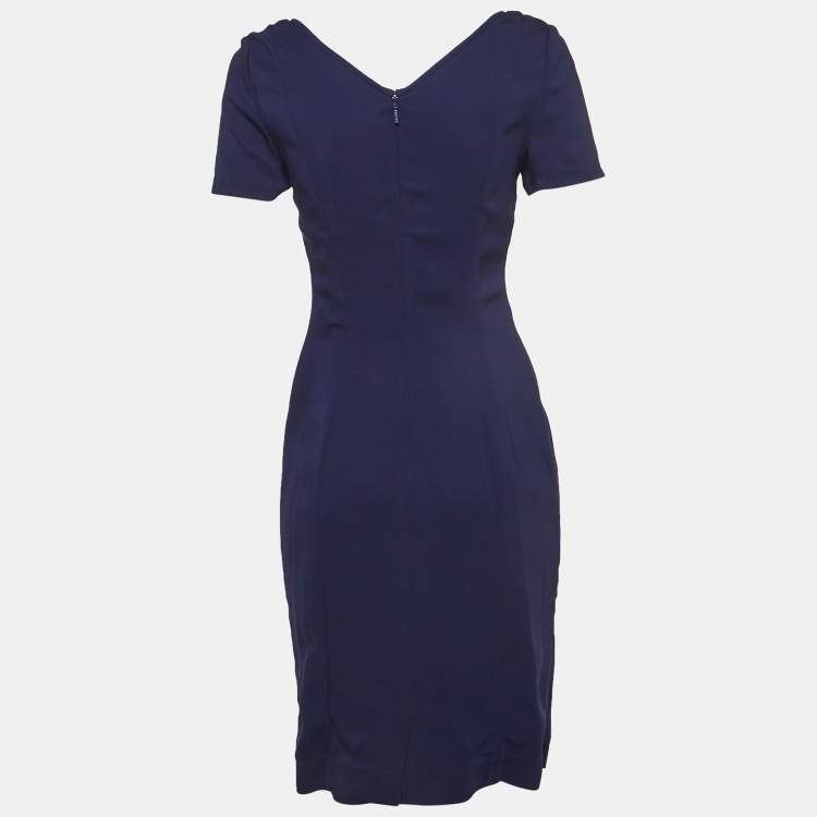 Pre Owned Versace Blue Metal Logo Embellishment Crepe Sheath Dress M