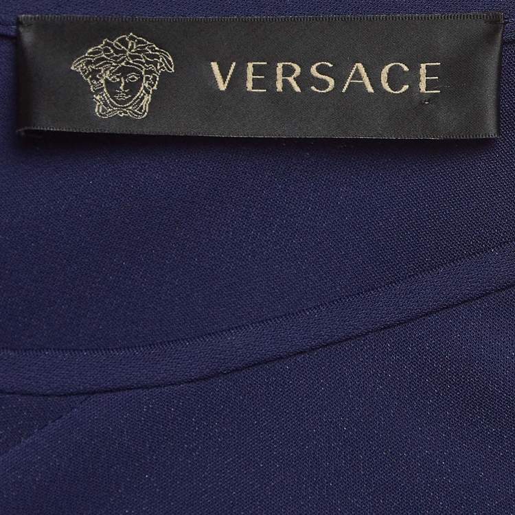 Pre Owned Versace Blue Metal Logo Embellishment Crepe Sheath Dress M