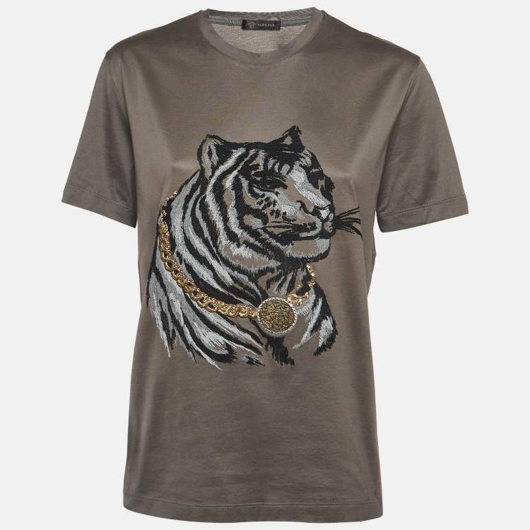 Pre Owned Versace Grey Tiger Embroidered Jersey Crew Neck T-Shirt M