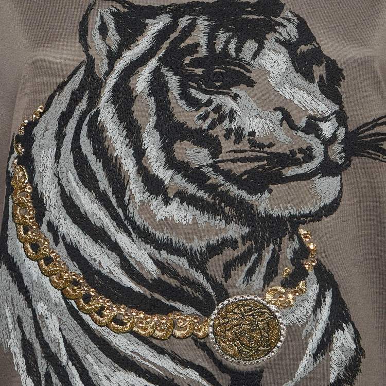 Pre Owned Versace Grey Tiger Embroidered Jersey Crew Neck T-Shirt M
