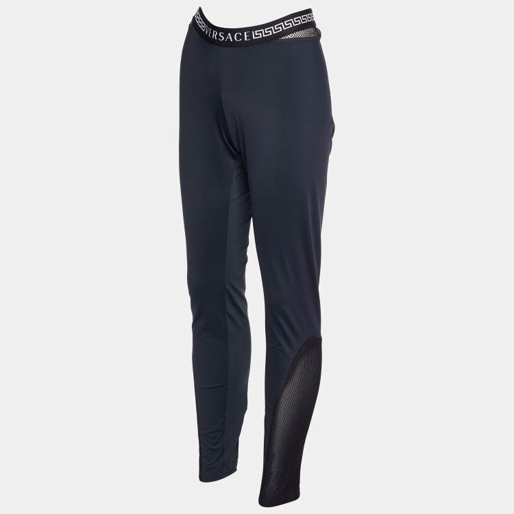 Pre Owned Versace Black Stretch Knit Logo Waistband Leggings L