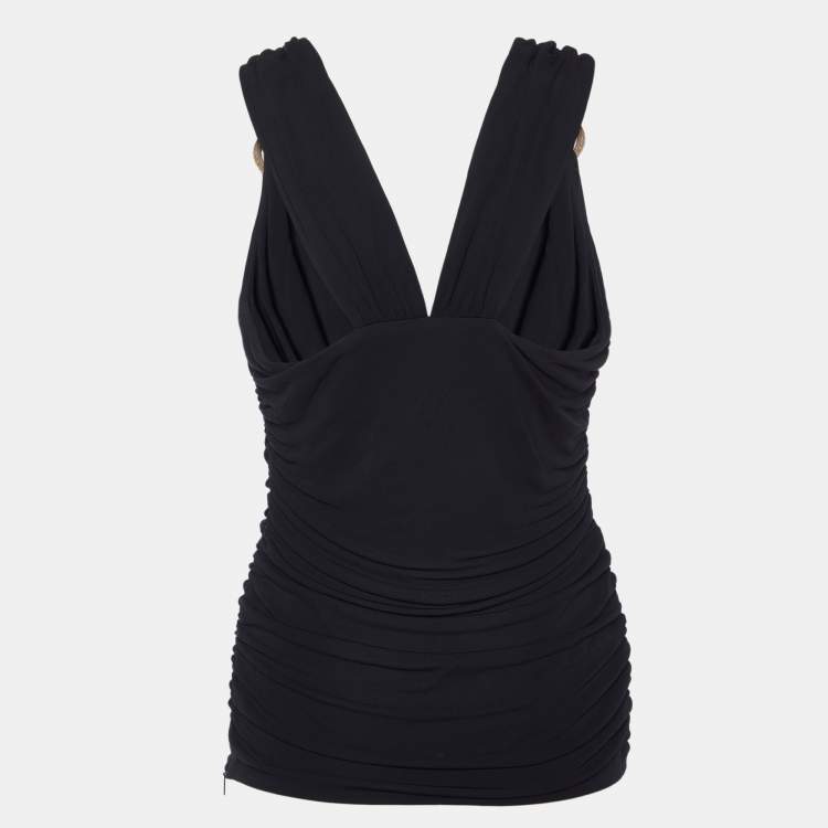 Pre Owned Versace Black Crepe Ruched Sleeveless Top S