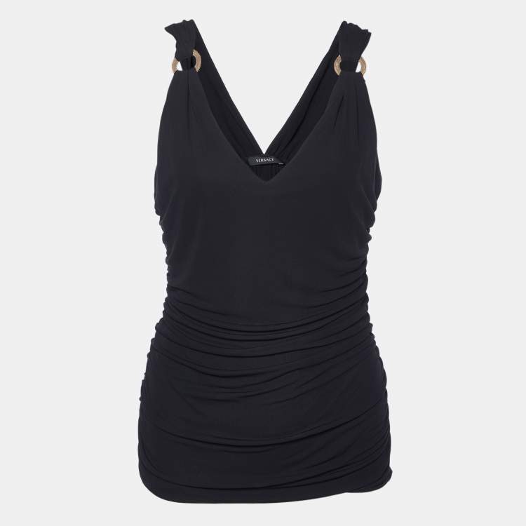 Pre Owned Versace Black Crepe Ruched Sleeveless Top S