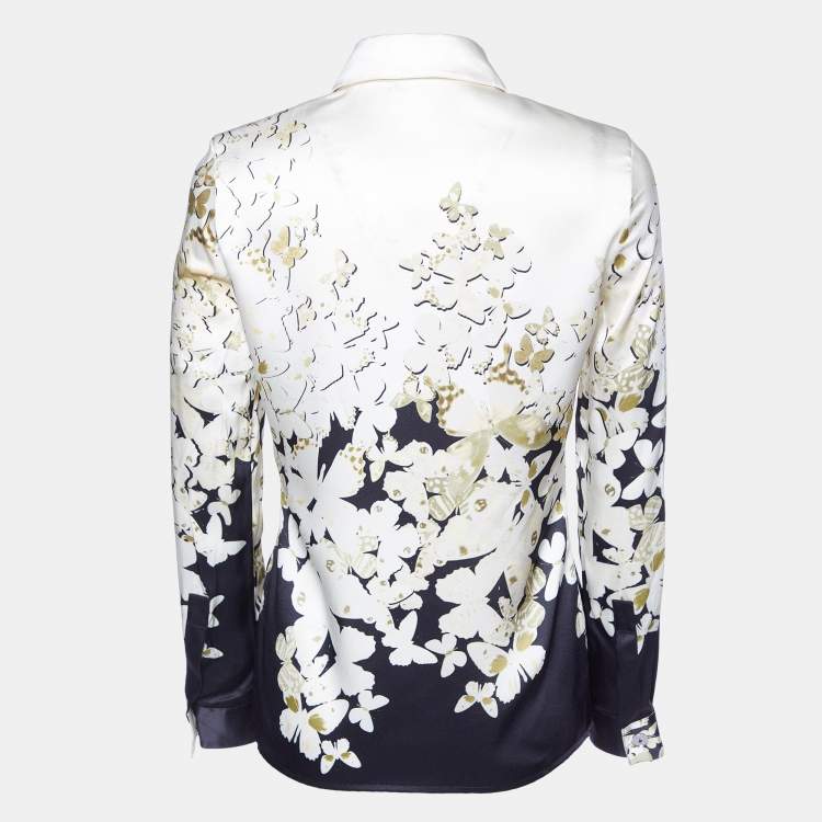 Pre Owned Versace Cream/Black Butterfly Print Silk Button Front Shirt S