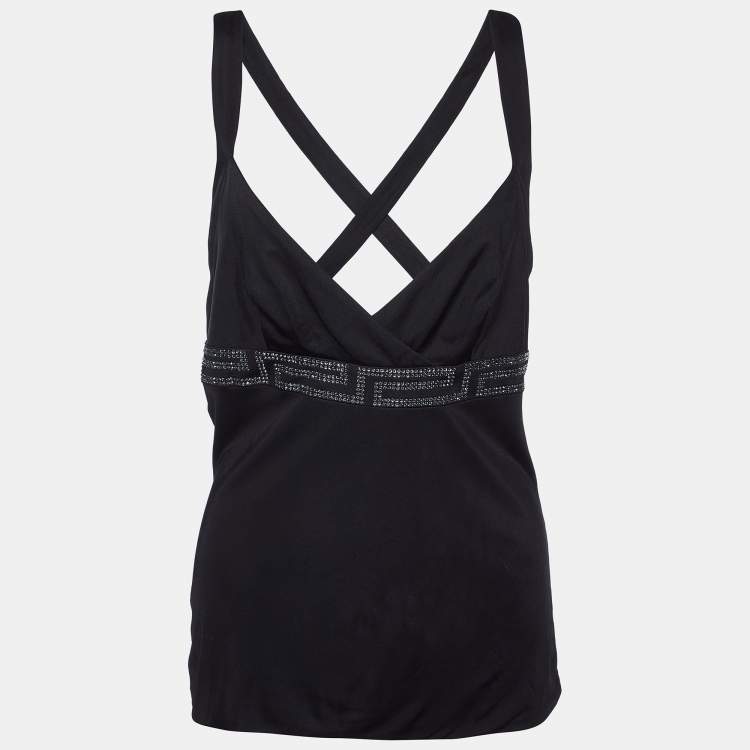 Pre Owned Versace Black Jersey Crystal Greca Embellished Tank Top M