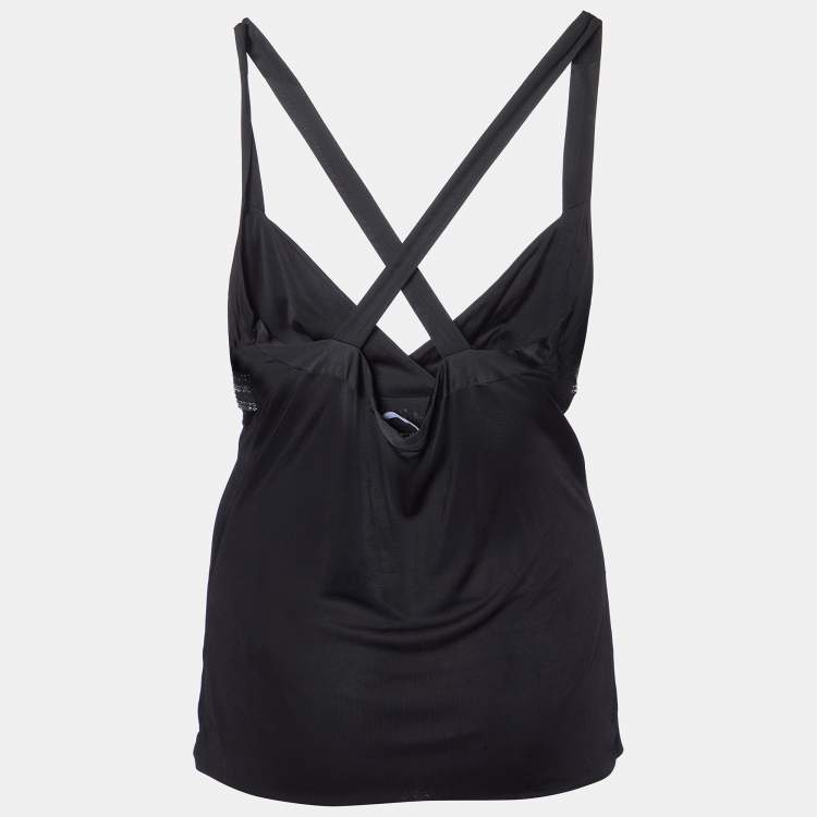 Pre Owned Versace Black Jersey Crystal Greca Embellished Tank Top M