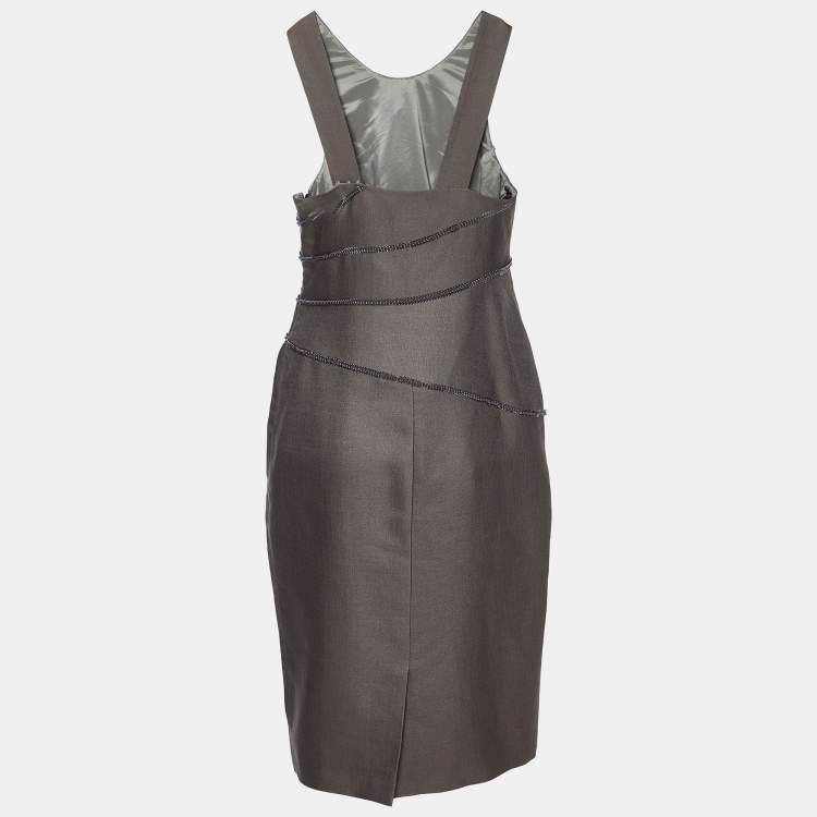Pre Owned Versace Deep Taupe Wool & Silk Fishbone Chain Detail Dress S
