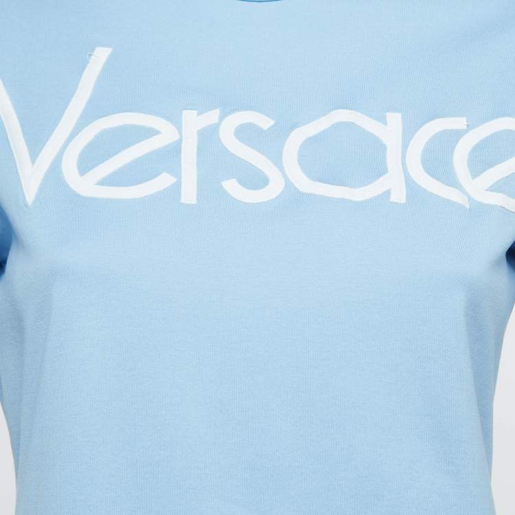 Pre Owned Versace Blue Embroidered Cotton Knit Tshirt XS