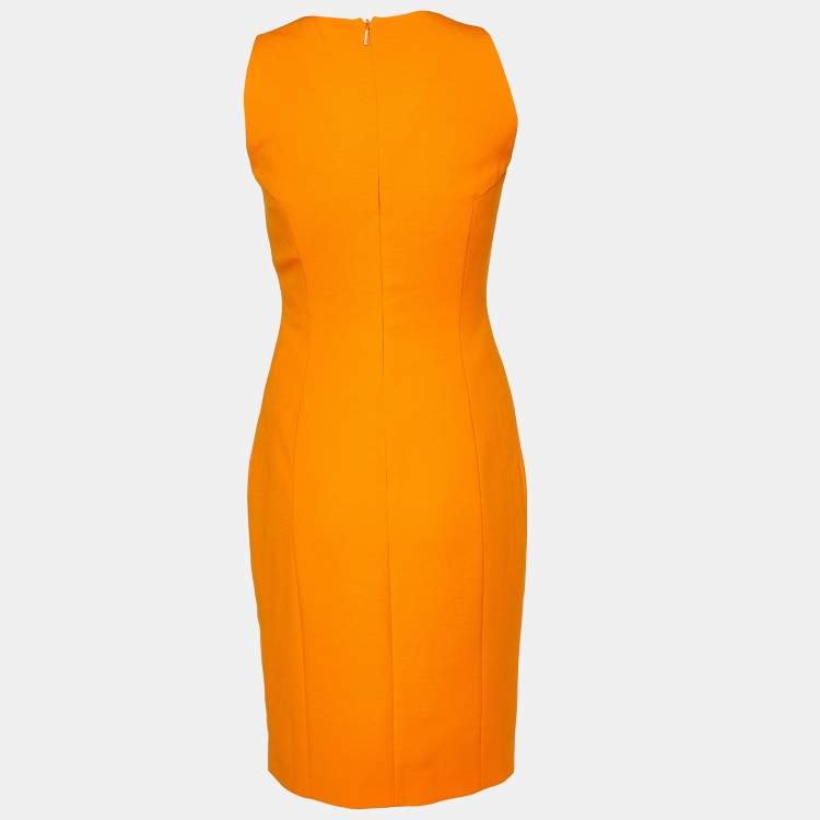 Pre Owned Versace Orange Crepe Logo Button Detail Sheath Dress S