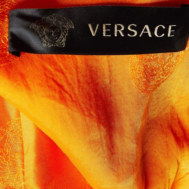 Pre Owned Versace Orange Crepe Logo Button Detail Sheath Dress S