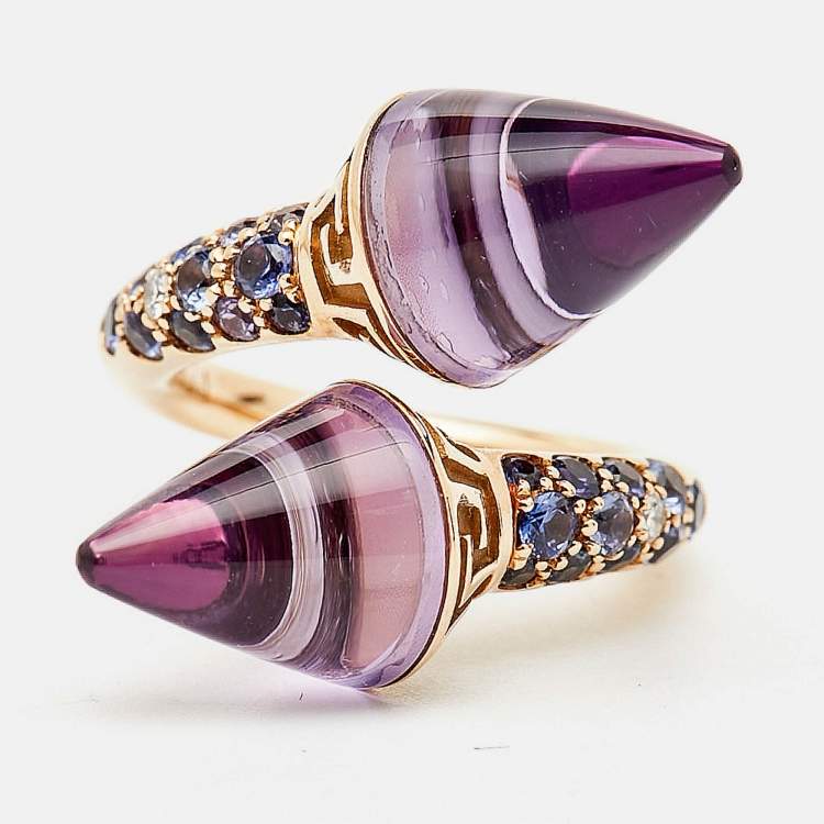 Pre Owned Versace Virya Amethyst Diamond 18K Rose Gold Cocktail Ring Size 48