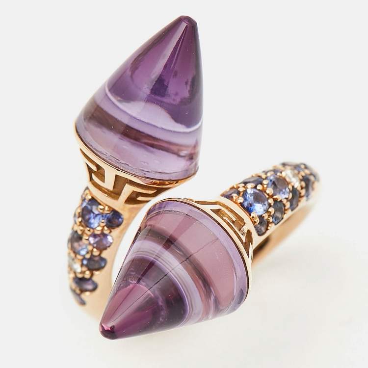 Pre Owned Versace Virya Amethyst Diamond 18K Rose Gold Cocktail Ring Size 48
