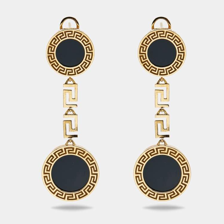 Pre Owned Versace Greca Onyx 18k Yellow Gold Earrings