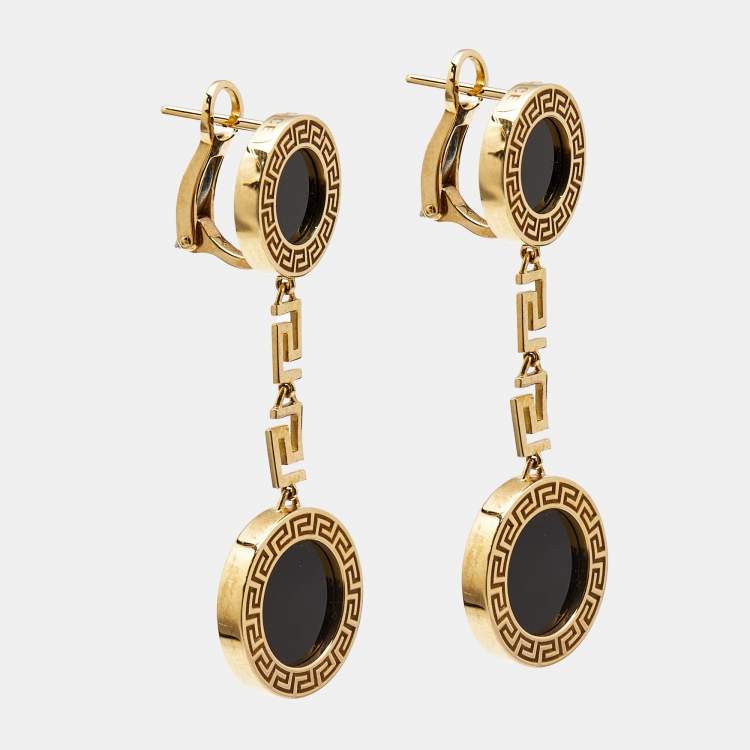 Pre Owned Versace Greca Onyx 18k Yellow Gold Earrings