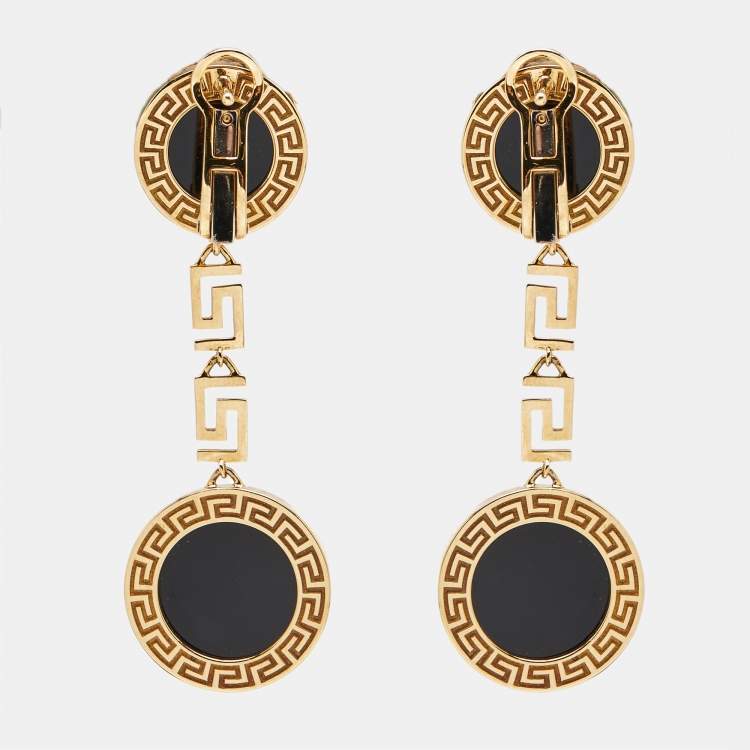 Pre Owned Versace Greca Onyx 18k Yellow Gold Earrings