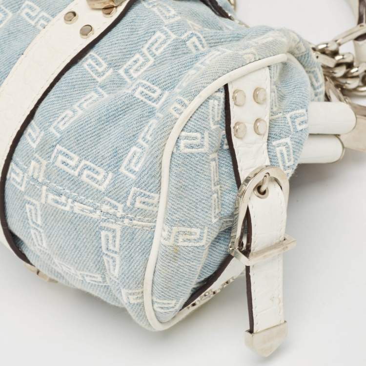 Pre Owned Versace Blue/white Denim and Croc Embossed Leather Madonna Satchel