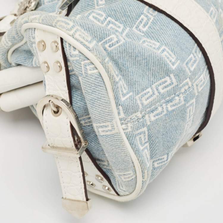 Pre Owned Versace Blue/white Denim and Croc Embossed Leather Madonna Satchel