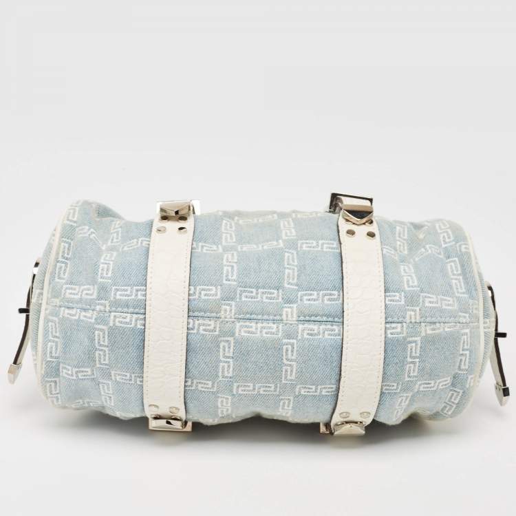 Pre Owned Versace Blue/white Denim and Croc Embossed Leather Madonna Satchel
