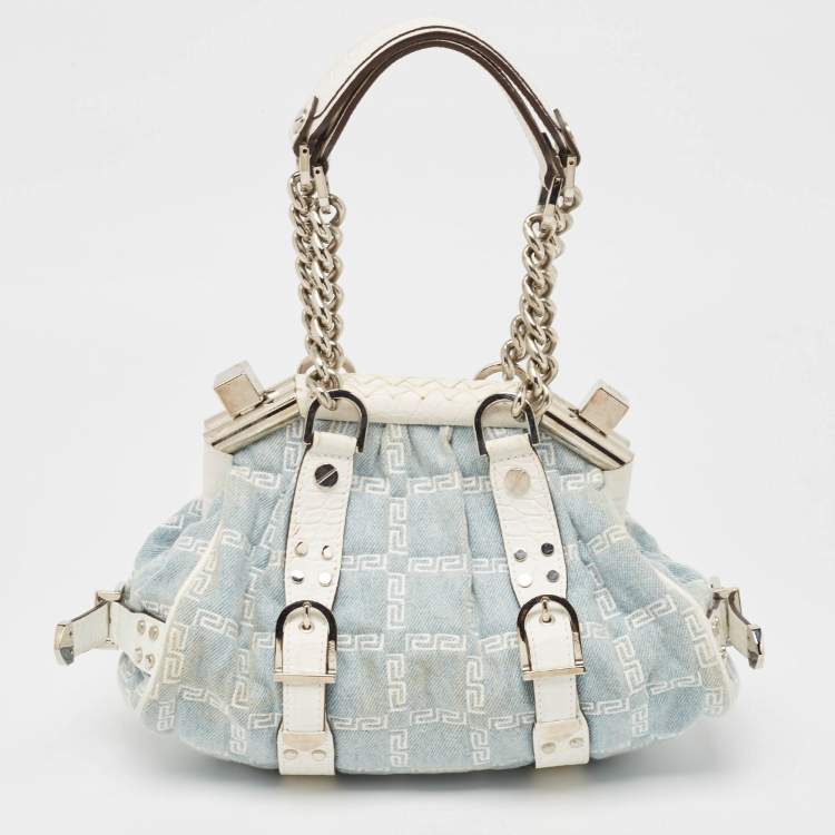 Pre Owned Versace Blue/white Denim and Croc Embossed Leather Madonna Satchel