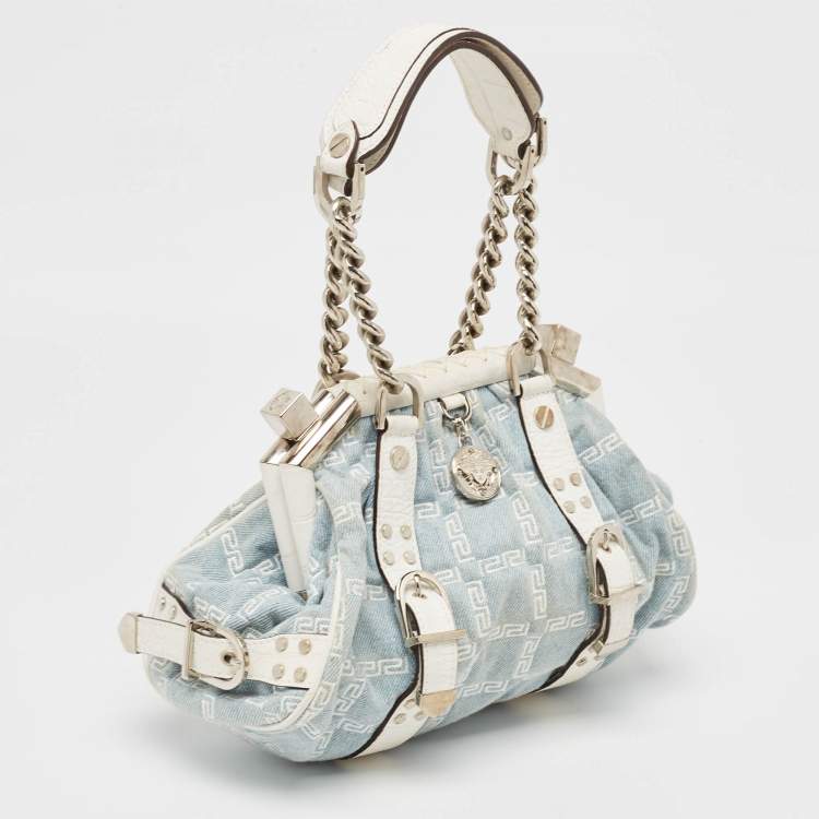 Pre Owned Versace Blue/white Denim and Croc Embossed Leather Madonna Satchel