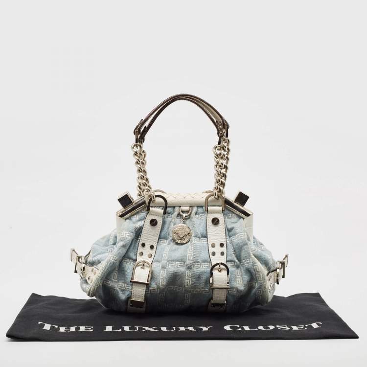 Pre Owned Versace Blue/white Denim and Croc Embossed Leather Madonna Satchel