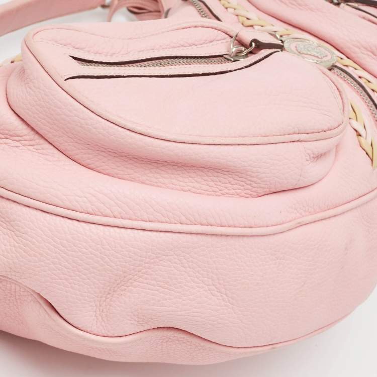 Pre Owned Versace Pink Leather Zip Embellished Repeat Hobo