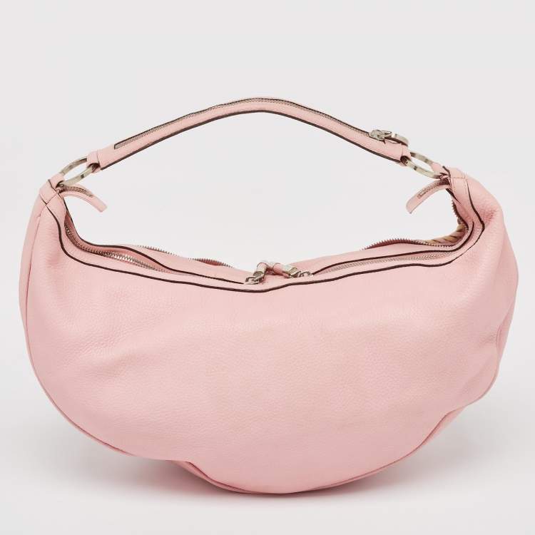 Pre Owned Versace Pink Leather Zip Embellished Repeat Hobo