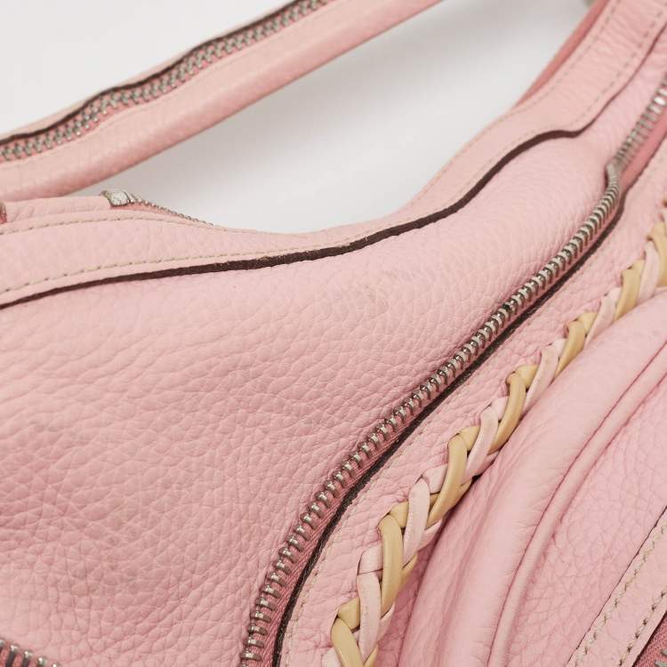 Pre Owned Versace Pink Leather Zip Embellished Repeat Hobo