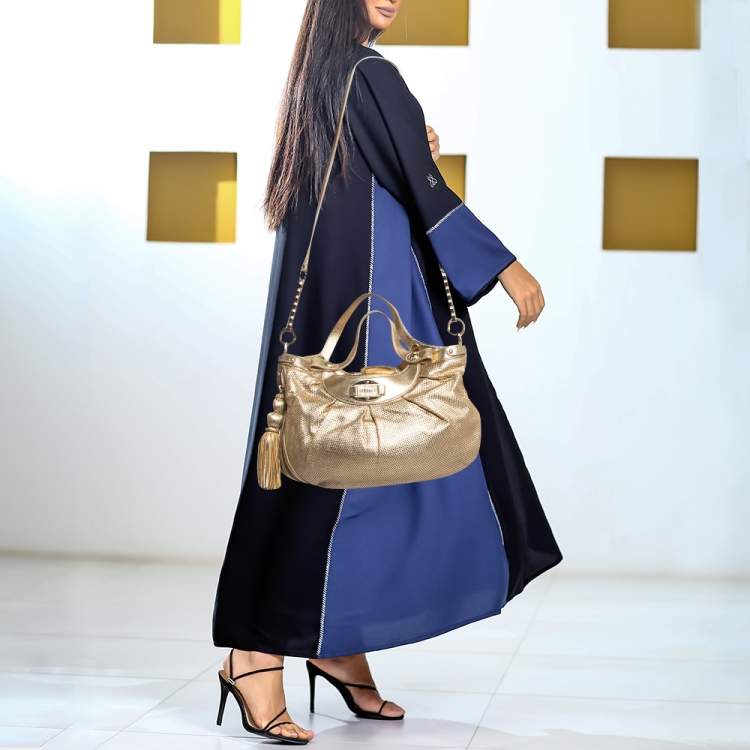 Pre Owned Versace Gold Perforated Leather Tassel Shoulder Bag