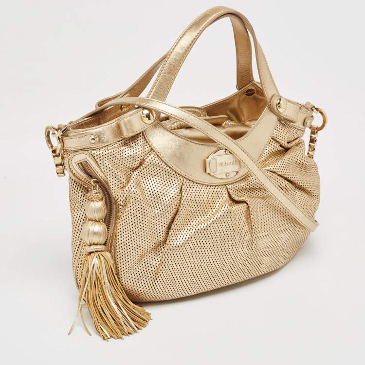 Pre Owned Versace Gold Perforated Leather Tassel Shoulder Bag